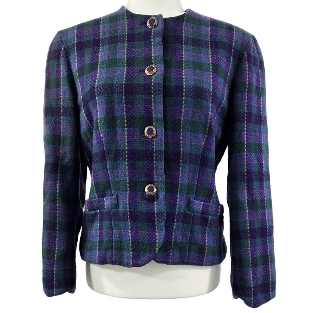 Vintage Pendleton 100% Virgin Wool Purple Green Plaid Blazer Academia Preppy